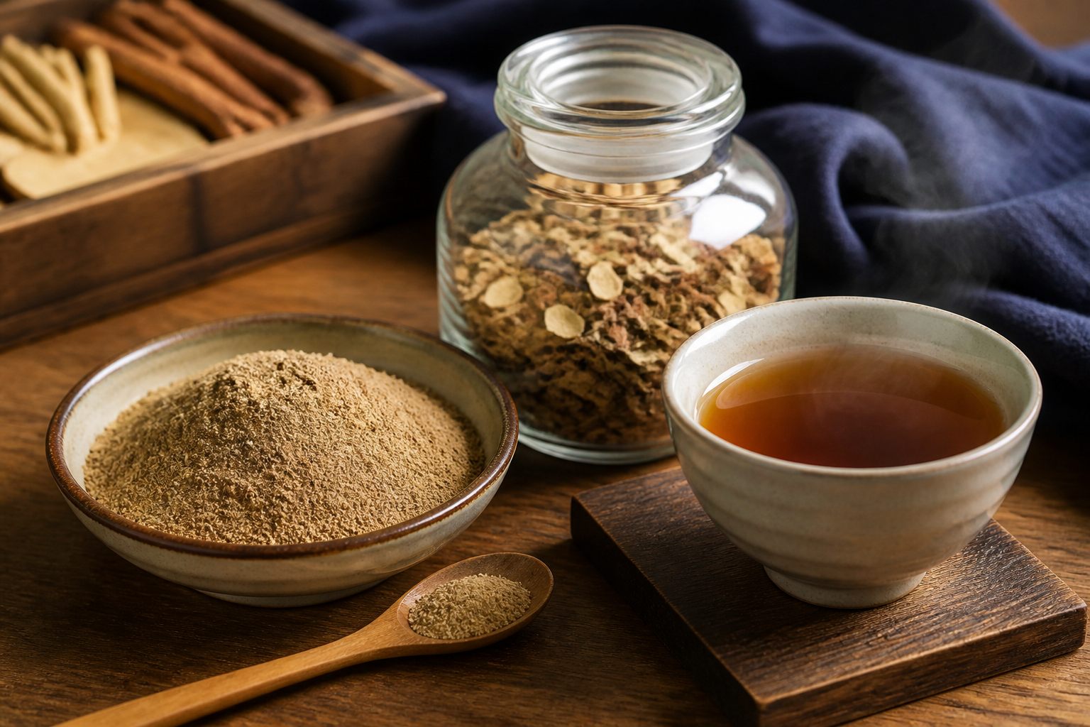Chinese herbal granule powder and a cup of herbal tea